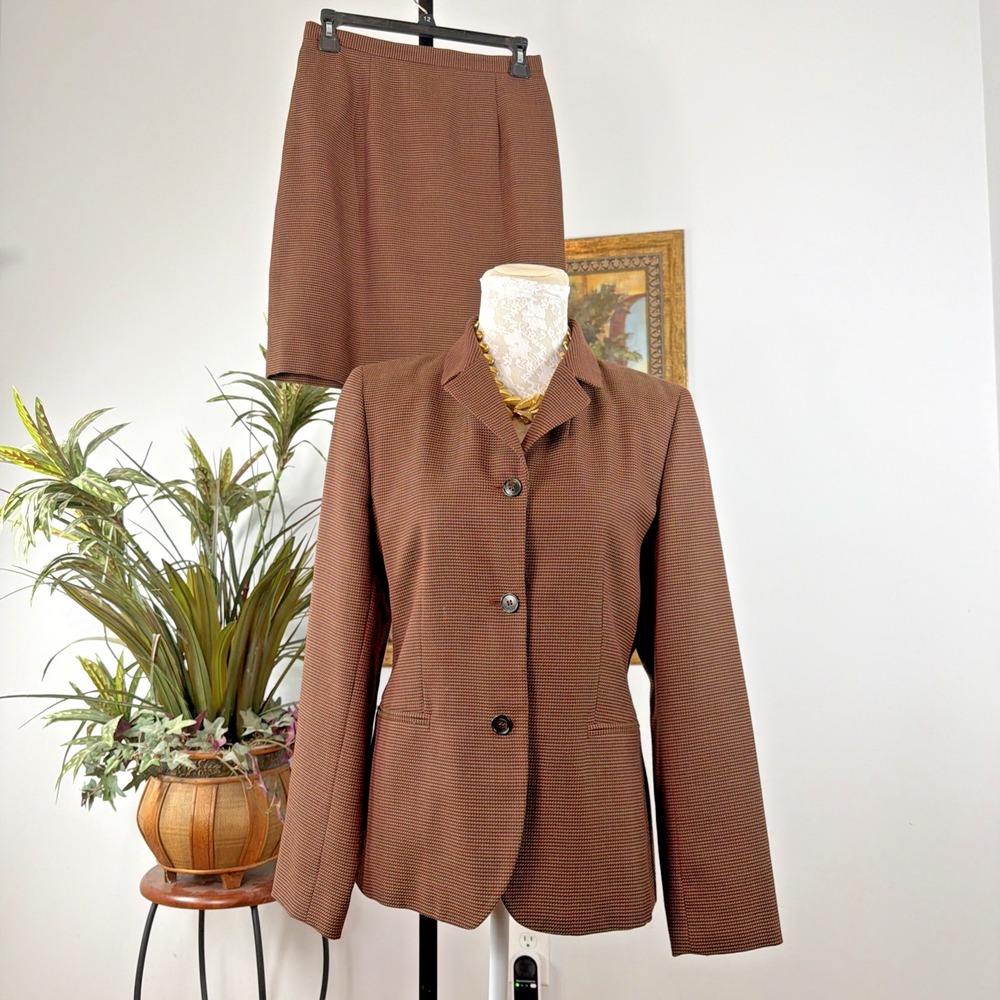 Ann Taylor LOFT Women Size 6 Brown Houndstooth Blazer Skirt Suit 2 Piece Career